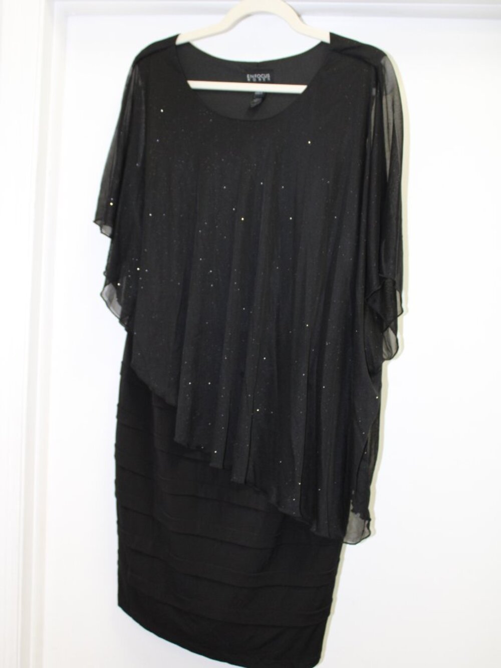 En Focus Women Plus Size 18W Black Chiffon Capelet Tiered Sheath Dress